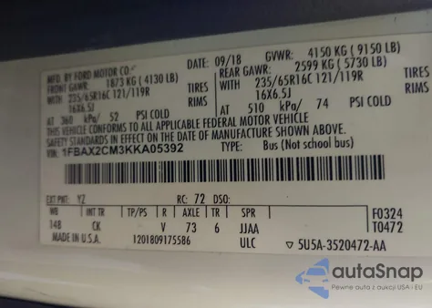 2019 Ford Transit-350 Xlt z USA, uszkodzony, nr VIN 1FBAX2CM3KKA05392